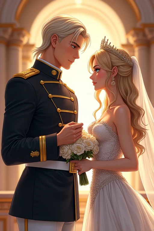 I would like to get an anime-style image of the couple: A tall, handsome, statuesque, masculine adult man is a platinum blonde with long straight platinum hair below his shoulders, dressed in formal long military white clothes, he has tanned skin, blue eyes, he puts a ring on the finger of an incredibly beautiful young femme fatale blonde with long golden hair gathered in a beautiful hairstyle, blue eyes, a tiara, precious jewelry in her hair, jewelry, in a luxurious wedding outfit, in her hand she has a bouquet of the bride. Beautiful drawing, realistic anime, a masterpiece.
