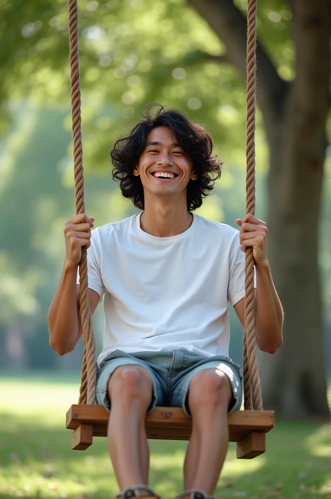 Photography of a 20 year old Asian guy with long curly hair wearing a white t-shirt, shorts, boots, smiling and playing on a swing