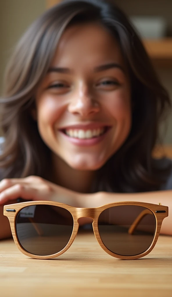 Close-up of the wooden sunglasses resting on a table. The texture of the wood is highlighted. Text overlay appears: "Check the link for more details!" The person winks at the camera, smiling, with the wooden sunglasses on.

