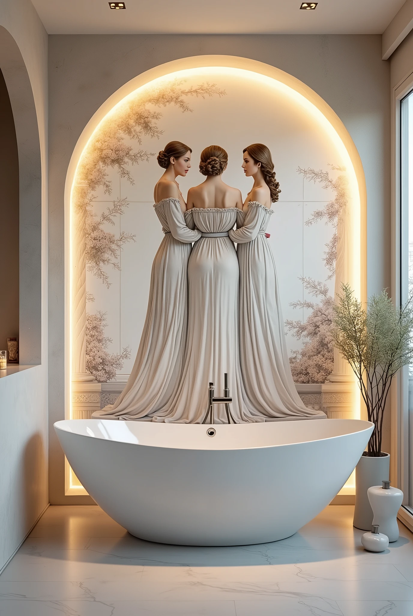 "Design a stunning, realistic drawing on a ceramic bathroom wall, featuring three graceful female figures inspired by Antonio Canova’s The Three Graces. The drawing should depict the figures in a way that embodies elegance, beauty, and charm, with their poses conveying a sense of connection and harmony. Each figure should be adorned in modest, flowing fabrics that accentuate their refined silhouettes.

The ceramic wall tiles should have a smooth, glossy finish, allowing the intricate details of the drawing to shine and glow softly under the bathroom’s ambient lighting. The background of the drawing should depict a serene, ethereal garden or a classical interior, complete with delicate ceramic elements like urns, flowers, and columns that blend seamlessly with the figures. These background elements should be lightly colored and textured to complement the central figures without overpowering them.

The overall composition should be carefully balanced, with warm, soft lighting enhancing the drawing’s delicate lines and the polished surface of the ceramic tiles. The bathroom should reflect the timeless elegance of the artwork, turning the wall into a focal point that exudes a sense of tranquility and artistic refinement."