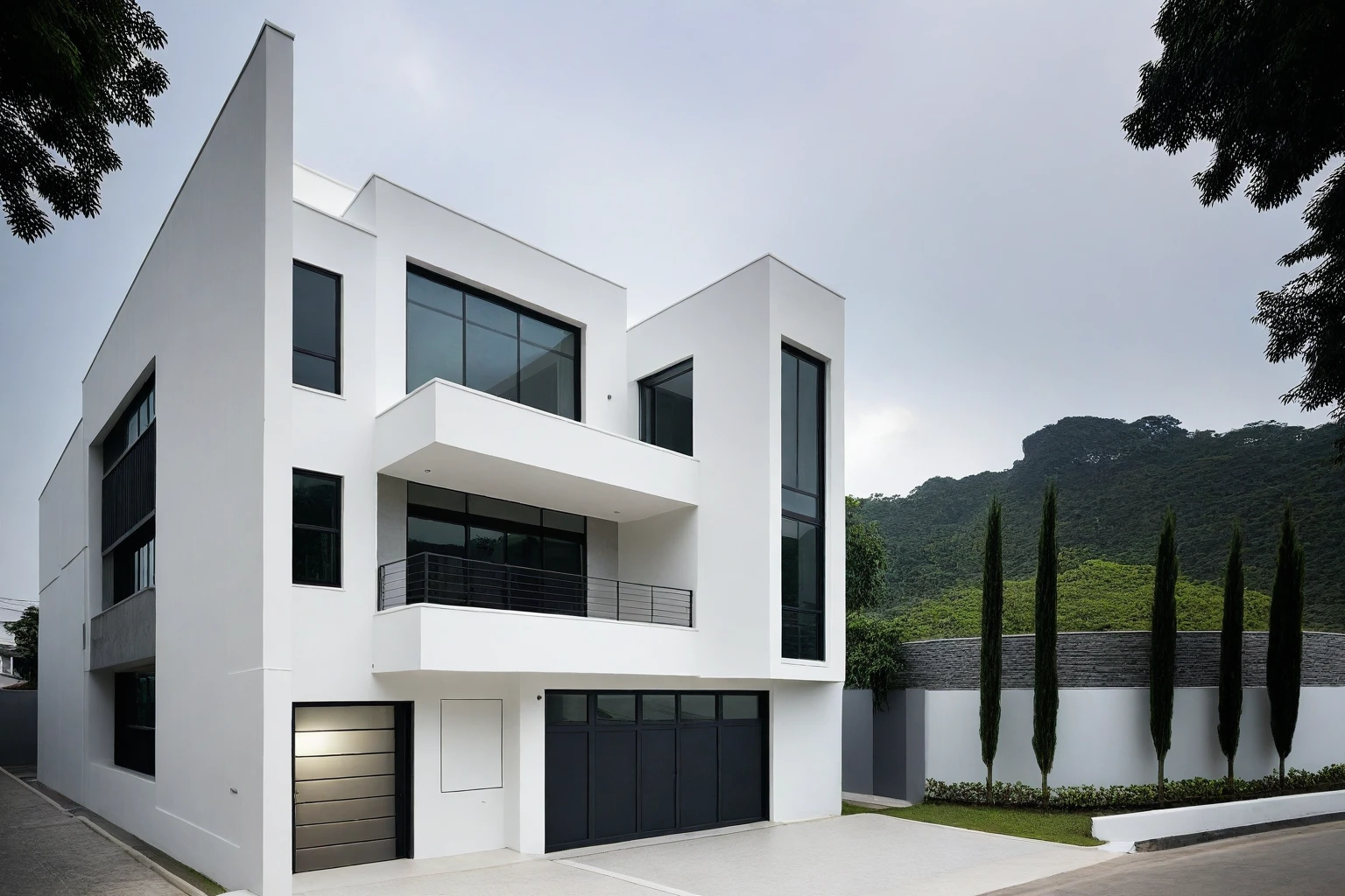 RAW photo, a photo of a modern house, (curvilinear chrchitecture:1.4), Wabisabi style rounded wall, white wall, steel dark gate, sidewalk, sidewalk trees, ((grey gate:1.2)), road, viet nam modern residence, ((architectural shot)), rough white wall, new residential area, wide angle exterior 2022, contemporary house, exterior photography, masterpiece, contemporary architecture, overcast, indirect lighting