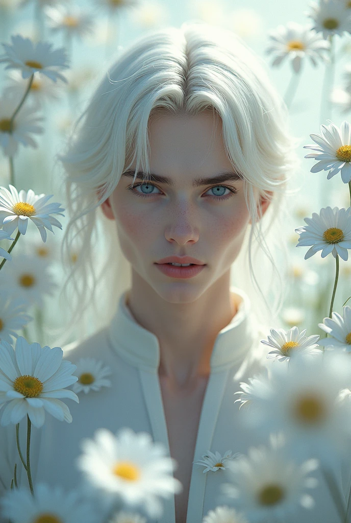 Create a male image , blue eyes ,Center parted wavy hair , Platinum blonde hair , There are white flowers all around like magic. , strong , gentle