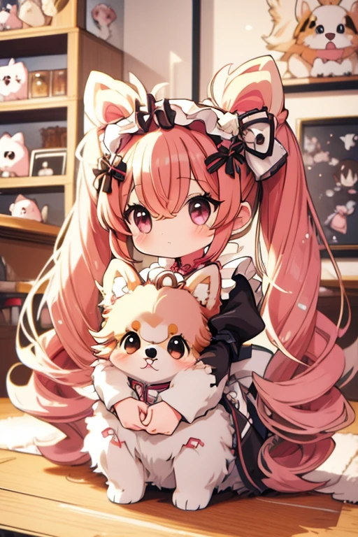 Highest quality,masterpiece,dogcafe,Girl clerk,Maid clothes,1girl,(Pomeranian,small dogs 1.3),Anime Style,cute,Twin tail hair,