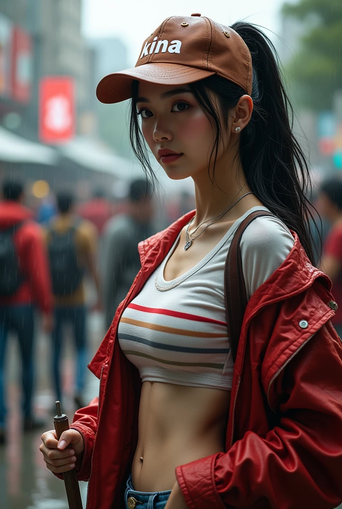 genitals,UHD ,Korean, girl,woman, lady,female, black ponytail hair, pale skin,2,detailed hair,big body,big figure,cute face,city, crowds,holding Indonesian flag, holding Indonesian flag,Noon,wide hips, girl,raising Indonesian flag behind the body,rainy,wet body,sweaty,wearing brown cap with "Kina" letter,jacket jeans,jeans,stripe T Shirt