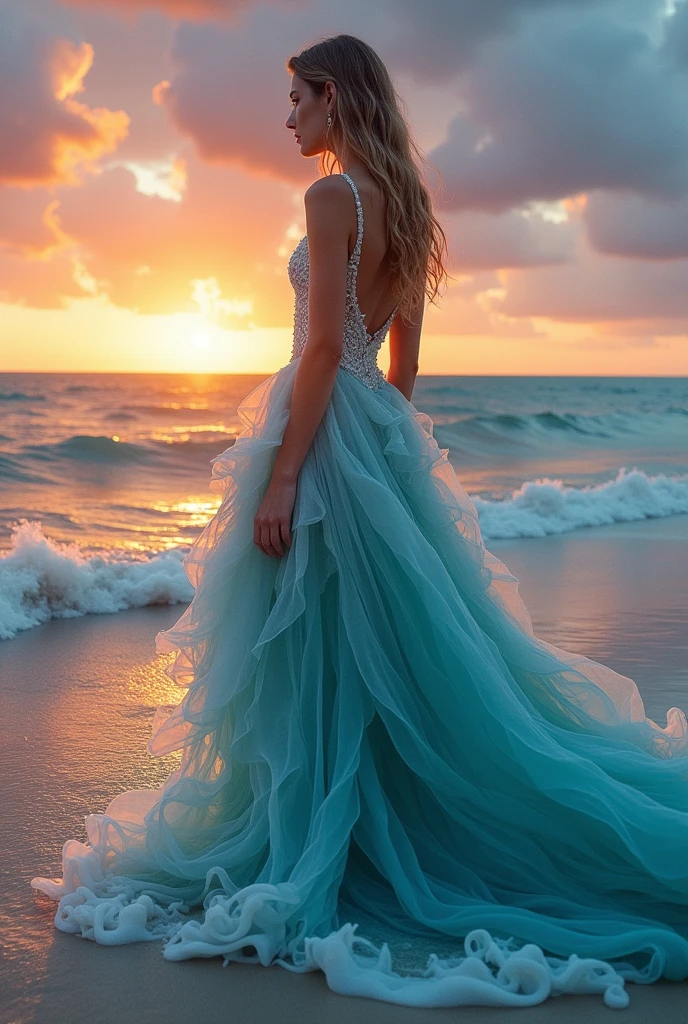 （（（The waves gather into a skirt:1.8））），A dress made from real ocean waves，（（The waves and the skirt are perfectly integrated:1.4）），（（The skirt extends and blends with the waves）），A girl standing on the beach，Epic composition，Surreal photography，Sunset，detail，Film style，[Top view:0.7]，Wide Angle