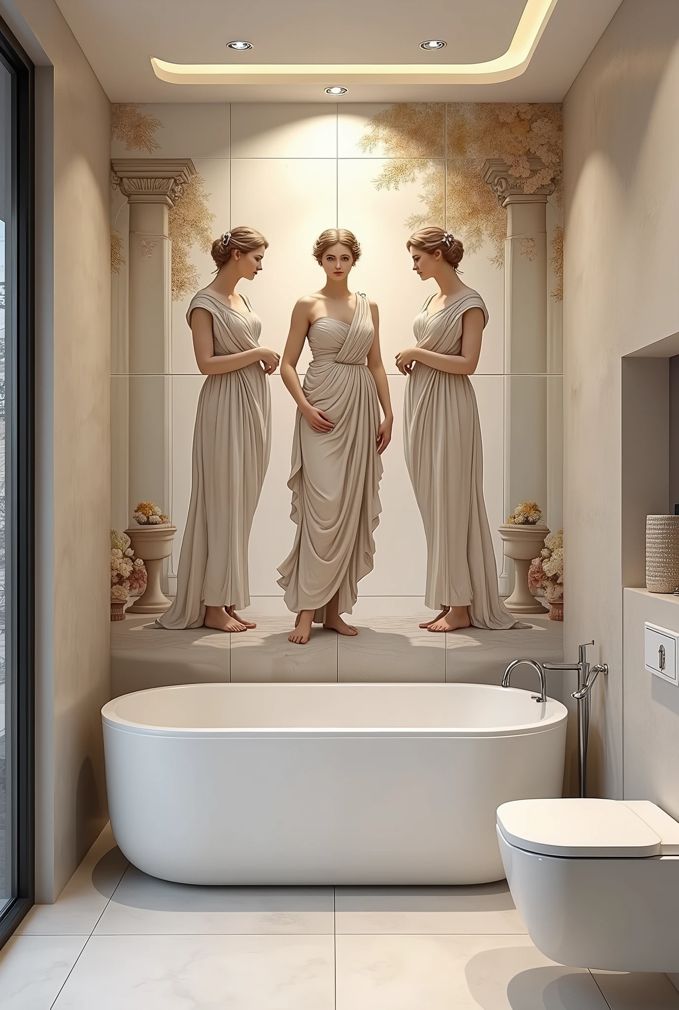 "Design a stunning, realistic drawing on a ceramic bathroom wall, featuring three graceful female figures inspired by Antonio Canova’s The Three Graces. The drawing should depict the figures in a way that embodies elegance, beauty, and charm, with their poses conveying a sense of connection and harmony. Each figure should be adorned in modest, flowing fabrics that accentuate their refined silhouettes.

The ceramic wall tiles should have a smooth, glossy finish, allowing the intricate details of the drawing to shine and glow softly under the bathroom’s ambient lighting. The background of the drawing should depict a serene, ethereal garden or a classical interior, complete with delicate ceramic elements like urns, flowers, and columns that blend seamlessly with the figures. These background elements should be lightly colored and textured to complement the central figures without overpowering them.

The overall composition should be carefully balanced, with warm, soft lighting enhancing the drawing’s delicate lines and the polished surface of the ceramic tiles. The bathroom should reflect the timeless elegance of the artwork, turning the wall into a focal point that exudes a sense of tranquility and artistic refinement."