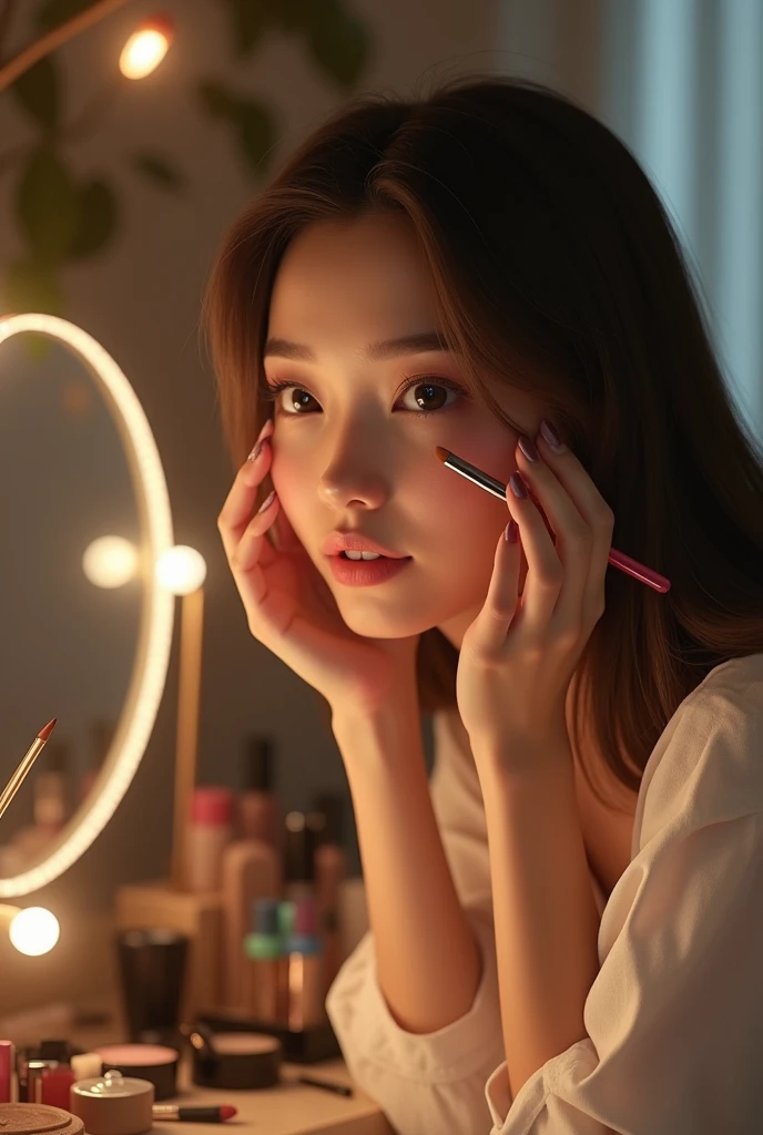 Doll with straight brown hair without bangs putting on makeup 
