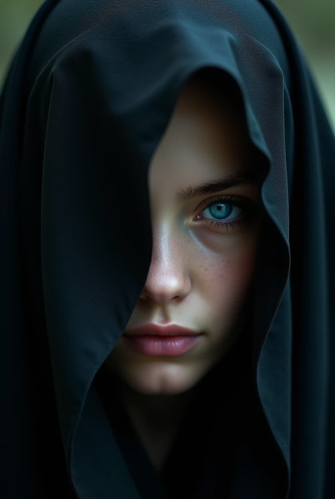 One Blue eye, left side of the face shown, fair skin, peaking out between two black veils