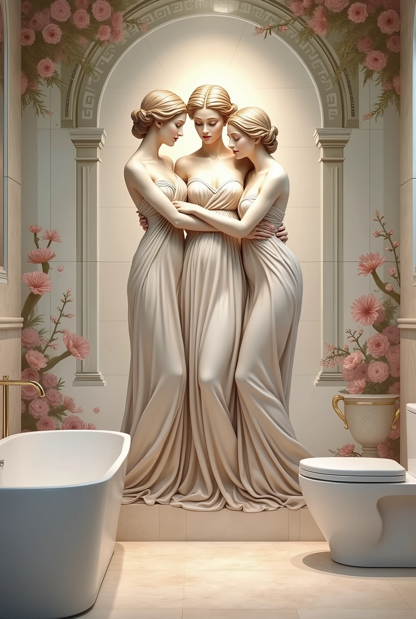 "Design a stunning, realistic drawing on a ceramic bathroom wall, featuring three graceful female figures inspired by Antonio Canova’s The Three Graces. The drawing should depict the figures in a way that embodies elegance, beauty, and charm, with their poses conveying a sense of connection and harmony. Each figure should be adorned in modest, flowing fabrics that accentuate their refined silhouettes.

The ceramic wall tiles should have a smooth, glossy finish, allowing the intricate details of the drawing to shine and glow softly under the bathroom’s ambient lighting. The background of the drawing should depict a serene, ethereal garden or a classical interior, complete with delicate ceramic elements like urns, flowers, and columns that blend seamlessly with the figures. These background elements should be lightly colored and textured to complement the central figures without overpowering them.

The overall composition should be carefully balanced, with warm, soft lighting enhancing the drawing’s delicate lines and the polished surface of the ceramic tiles. The bathroom should reflect the timeless elegance of the artwork, turning the wall into a focal point that exudes a sense of tranquility and artistic refinement."