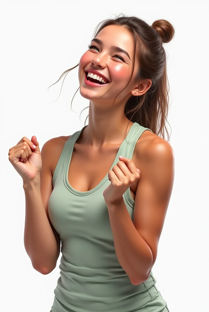 realistic teen girl about 18 20 years old in white background who shows her win