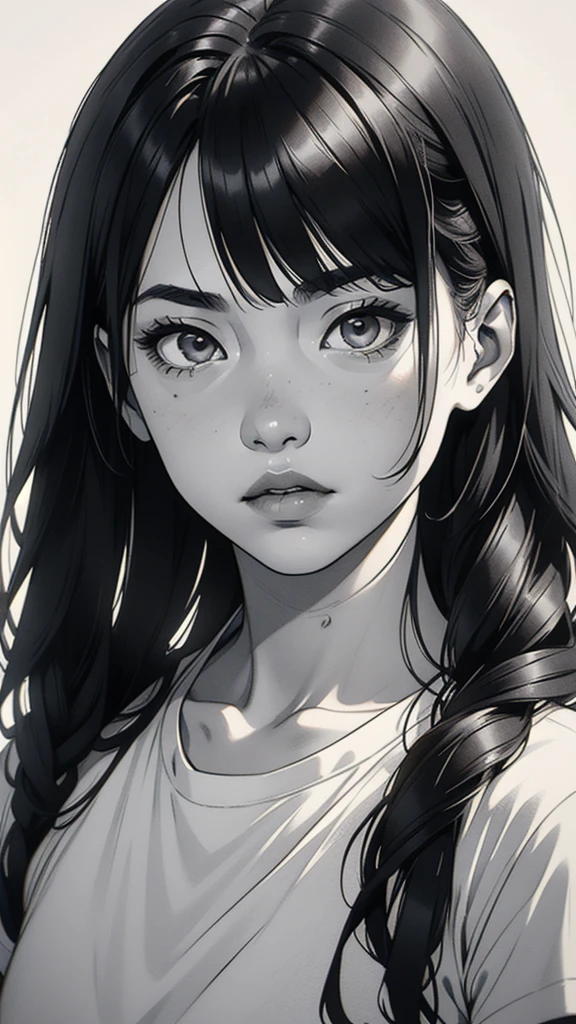 1 asian boyish girl, solo, sharp eyes, monochrome, greyscale, shoulder length black hair, portrait, blank white T-shirt, Thin eyebrows, closed mouth, looking at viewer, graphite \(medium\), detailed lips, hatching \(texture\), without makeup, (bangs), upper body, (best illustration), (best quality), (very detailed), (masterpiece), expressionless,