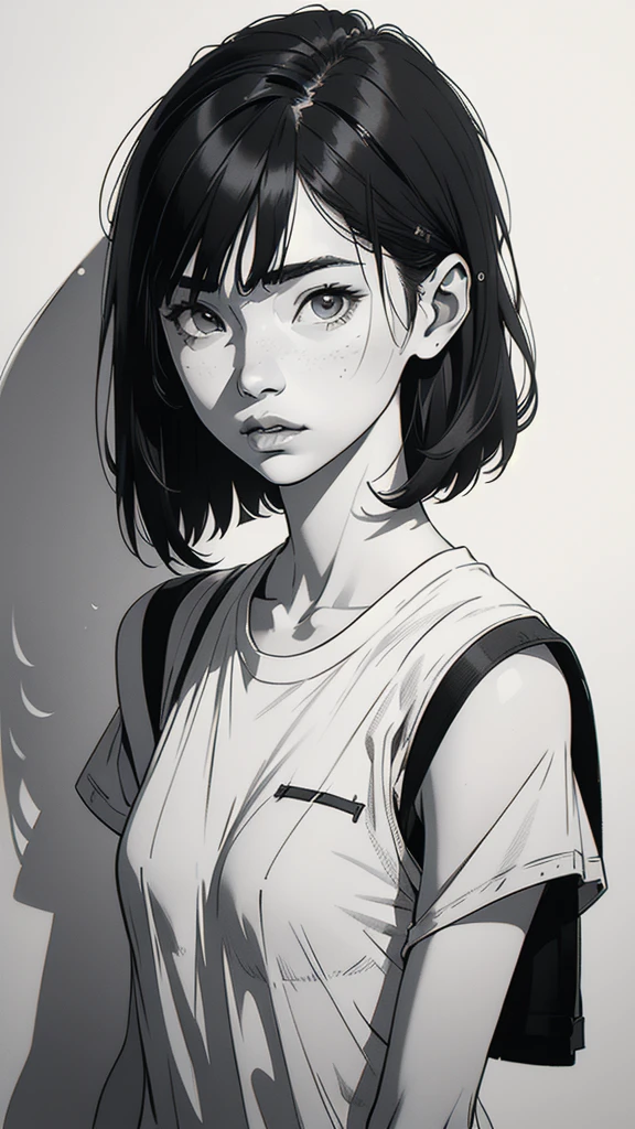 1 asian boyish girl, solo, sharp eyes, monochrome, greyscale, shoulder length black hair, portrait, blank white T-shirt, Thin eyebrows, closed mouth, looking at viewer, graphite \(medium\), detailed lips, hatching \(texture\), without makeup, (bangs), upper body, (best illustration), (best quality), (very detailed), (masterpiece), expressionless,