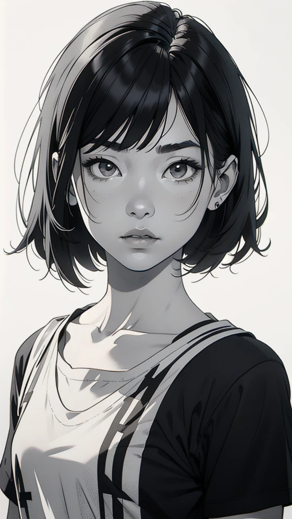 1 asian boyish girl, solo, sharp eyes, monochrome, greyscale, shoulder length black hair, portrait, blank white T-shirt, Thin eyebrows, closed mouth, looking at viewer, graphite \(medium\), detailed lips, hatching \(texture\), without makeup, (bangs), upper body, (best illustration), (best quality), (very detailed), (masterpiece), expressionless,