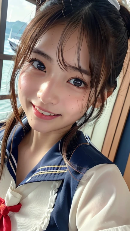 (8k, Photorealistic, RAW Photos, Best image quality: 1.4), Japanese schoolgirl、Super detailed face、Eye on the details、double eyelid、Sharp focus:1.2、Beautiful woman:1.4、Light brown hair、Highest quality、masterpiece、Ultra-high resolution、(Photorealistic:1.4)、非常に詳細でプロフェッショナルに照らされたsmile、(Sailor suit:1.5)、blush、Tear bags、amount、Cleavage、Small breasts、Hair Bun、From above、High angle、Armpits、smile、Selfie、freckles、Sweat、