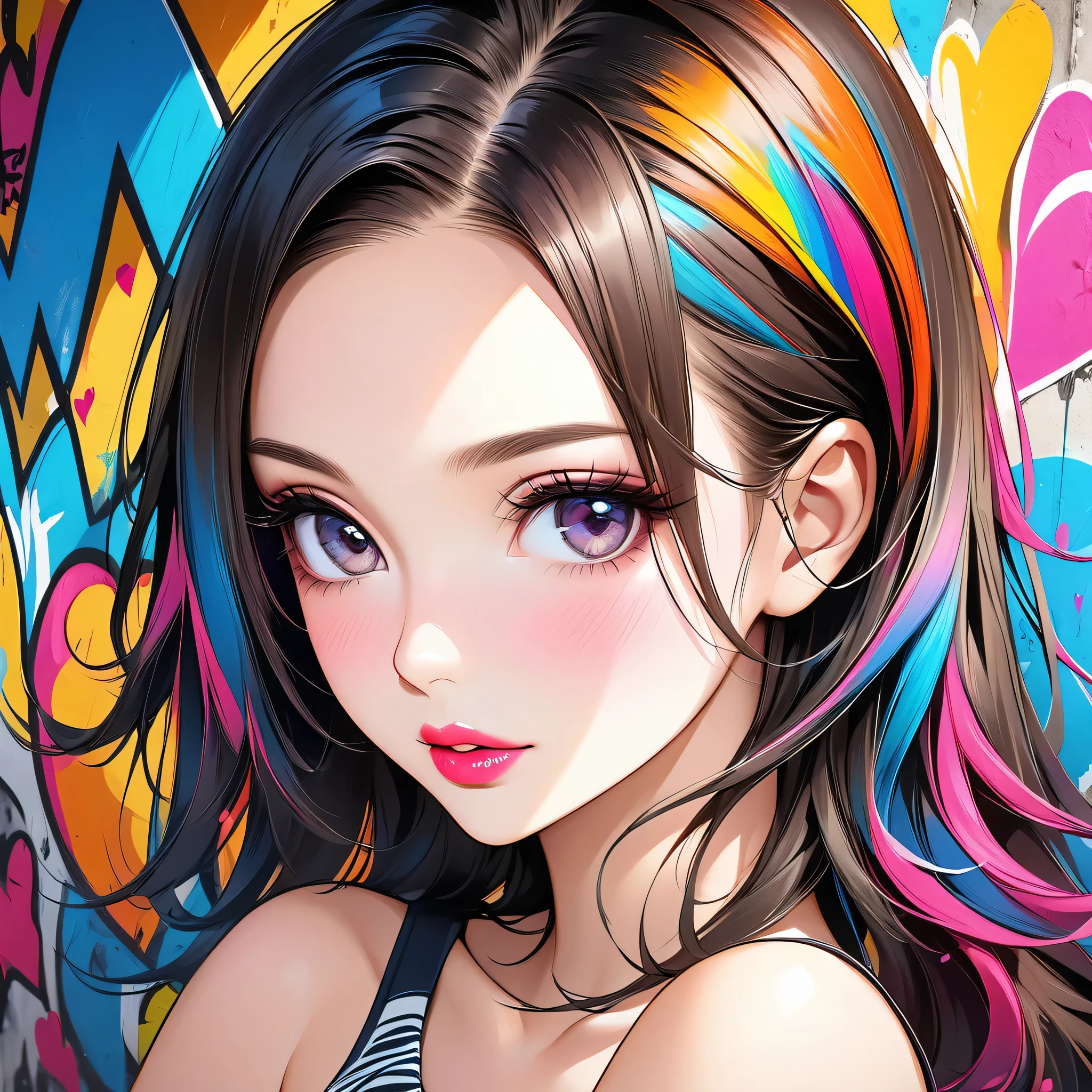 Ultra-realism Micho colorful style, Simple Line Initialism,Abstract art,(((The most beautiful girl of all time))), Sweet face. Lips in love, colorful hearts, stylish design, Summer beach fashion, Dark Eyes, Graffiti on the wall