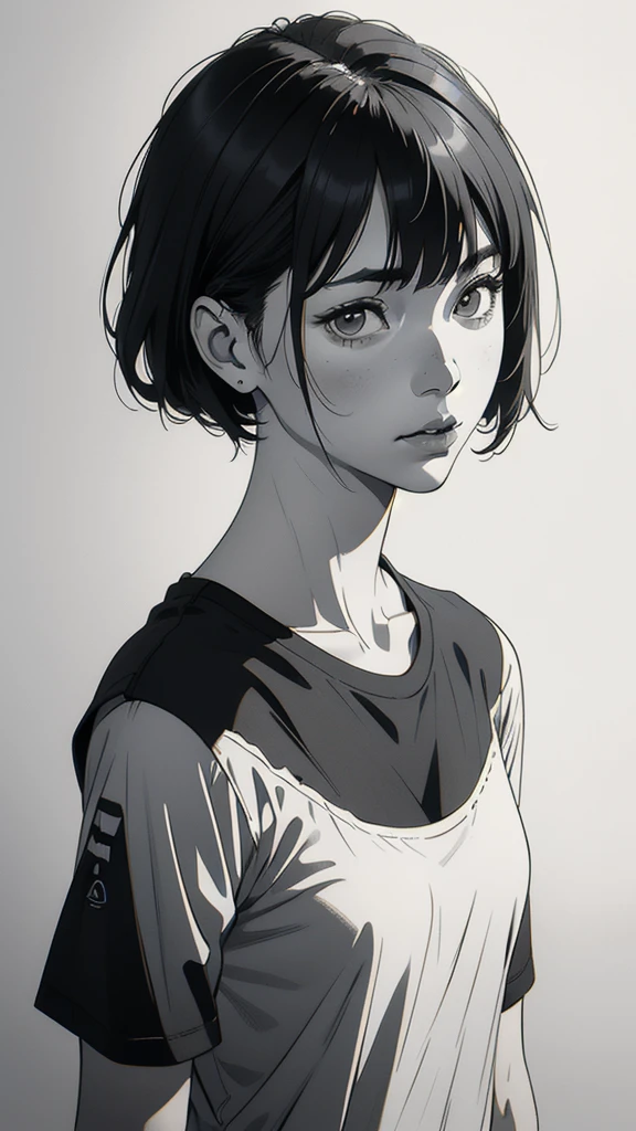 1 asian boyish girl, solo, sharp eyes, monochrome, greyscale, shoulder length black hair, portrait, blank white T-shirt, Thin eyebrows, closed mouth, looking at viewer, graphite \(medium\), detailed lips, hatching \(texture\), without makeup, (bangs), upper body, (best illustration), (best quality), (very detailed), (masterpiece), expressionless,