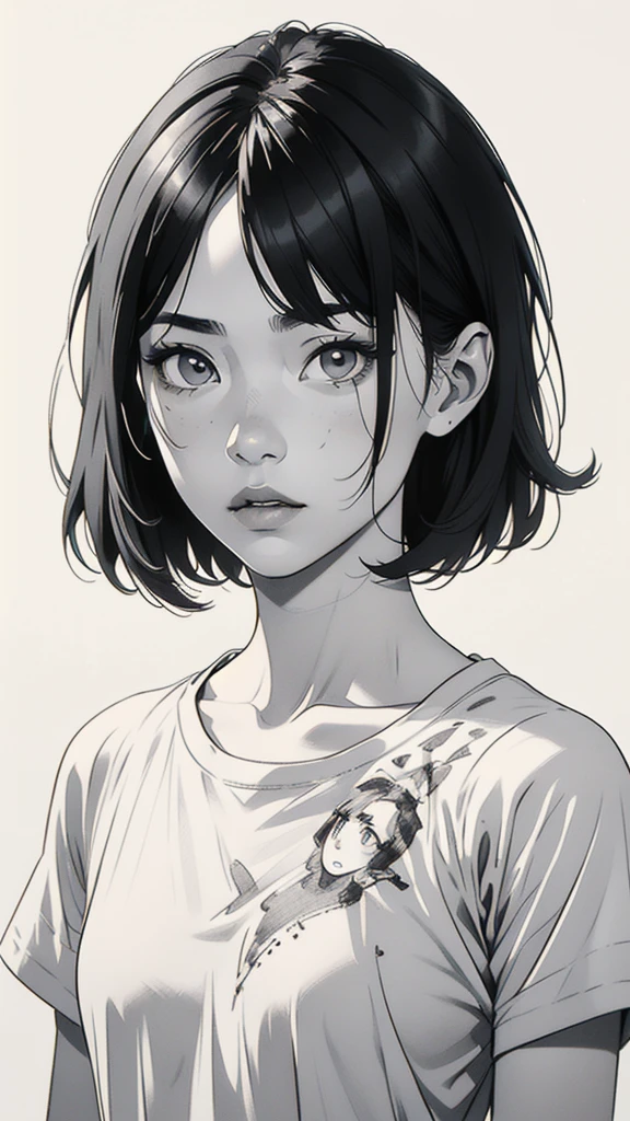 1 asian boyish girl, solo, sharp eyes, monochrome, greyscale, shoulder length black hair, portrait, blank white T-shirt, Thin eyebrows, closed mouth, looking at viewer, graphite \(medium\), detailed lips, hatching \(texture\), without makeup, (bangs), upper body, (best illustration), (best quality), (very detailed), (masterpiece), expressionless,