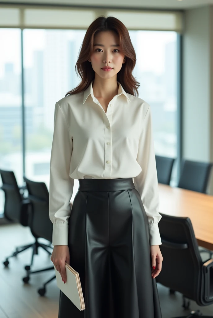 A beautiful lady, asian, Japanese,
brown shoulder length hair, 
holding a file on band and Straight standing in a conference room,
Wearing a white shirt,
Wearing a black leather long full A-line skirt ankle length covered the legs,
Wearing white flat shoes,
whole body photo, full body image,
Front camera view,
High resolution, HD Photo,
photographs, photo, real style, 600dpi