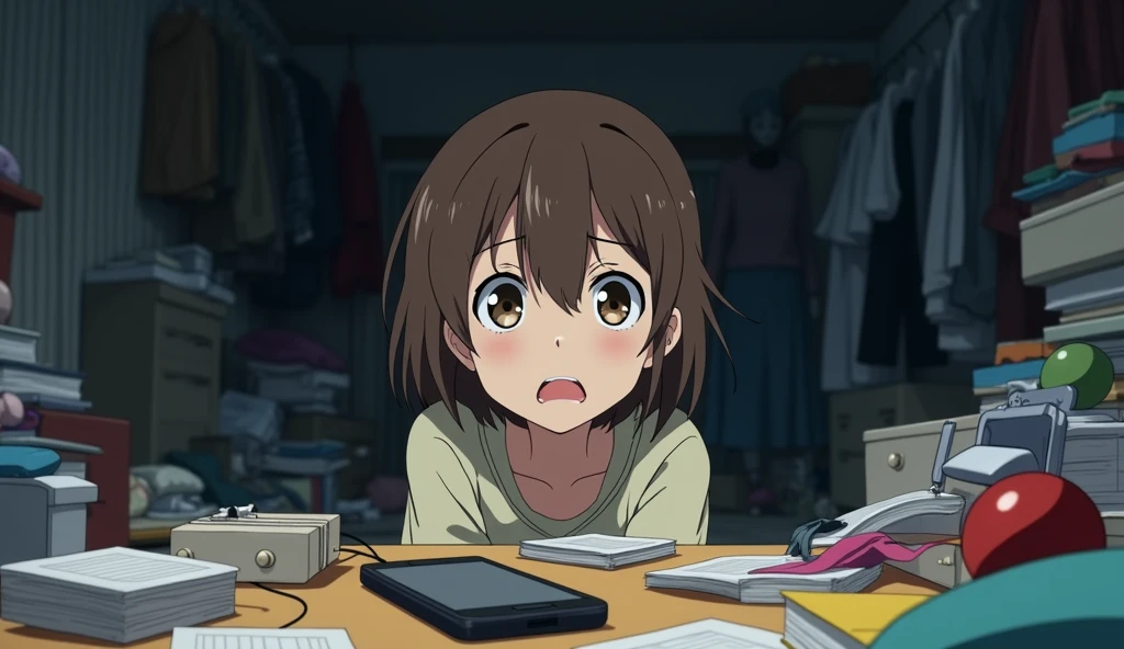 An anime image of a age girl with short brown hair in a room. Stuff is scattered all over the floor. In the midst of the chaos, she is staring at a table, looking shocked and worried because there is a phone on the table. The atmosphere is dark.