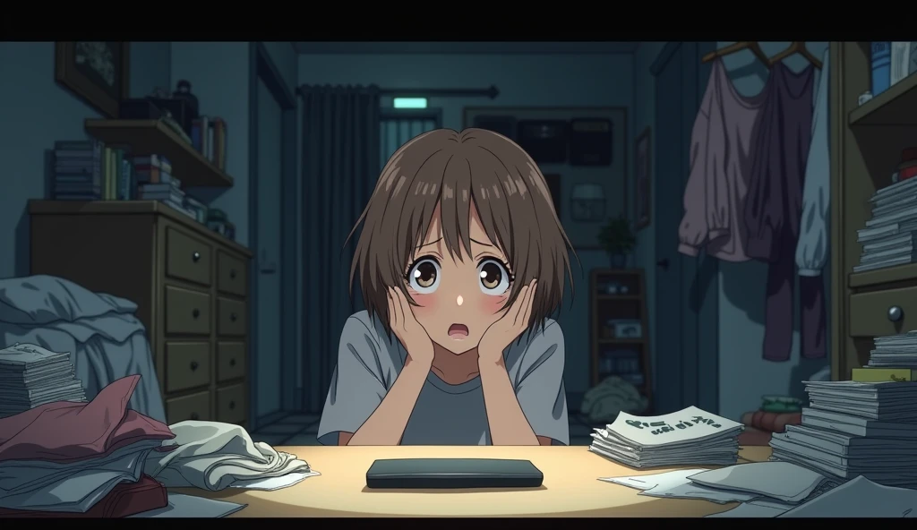 An anime image of a teenage girl with short brown hair in a room. Stuff is scattered all over the floor. In the midst of the chaos, she is staring at a table, looking shocked and worried because there is a phone on the table. The atmosphere is dark.