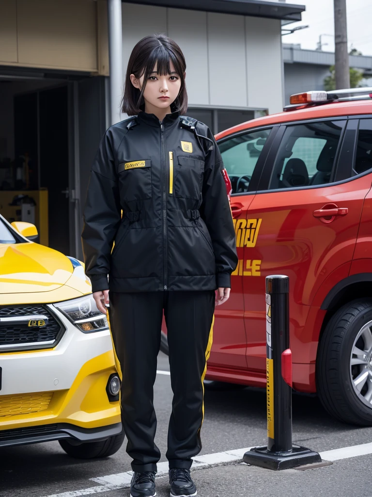 Japanese female android,Black Hair,Yellow and red robot suit,Plump,Standing next to a yellow police car in a parking lot,