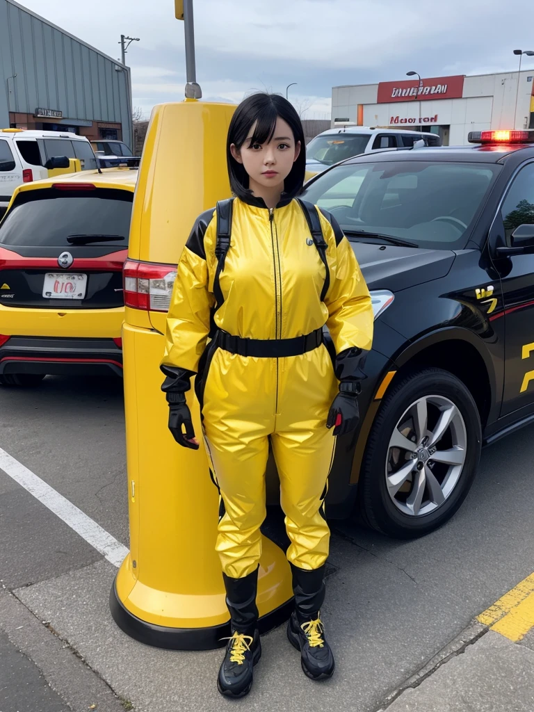 Japanese female android,Black Hair,Yellow and red robot suit,Plump,Standing next to a yellow police car in a parking lot,