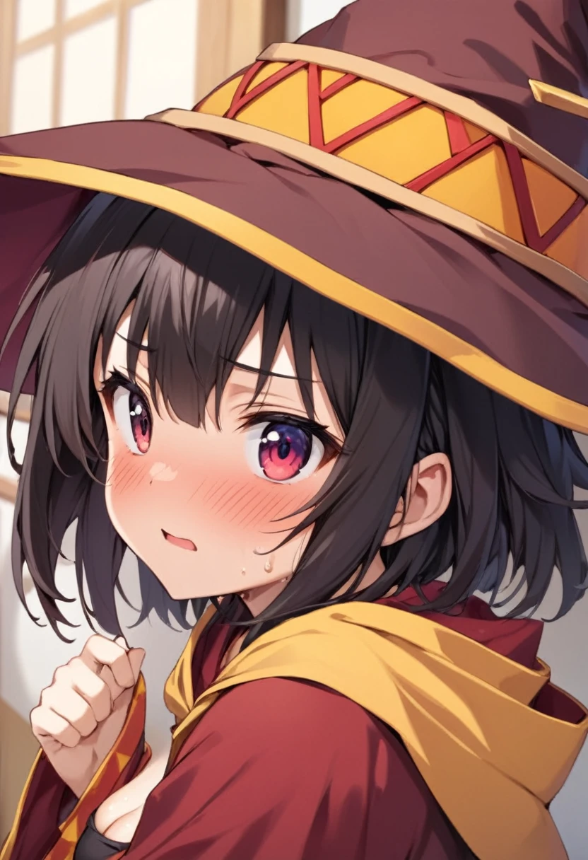masterpiece, Highest quality, High resolution,(Megumin),(KonoSuba), 1990s\(style\),(Small beautiful breasts of B cup),Witch Robe,Sweating all over the body,Hosomi、blush、Shy、look up、(Anime-style painting style),Black Hair、Short Hair、Witch Hat,Composition focusing on the upper body,(独奏),Background inside the school