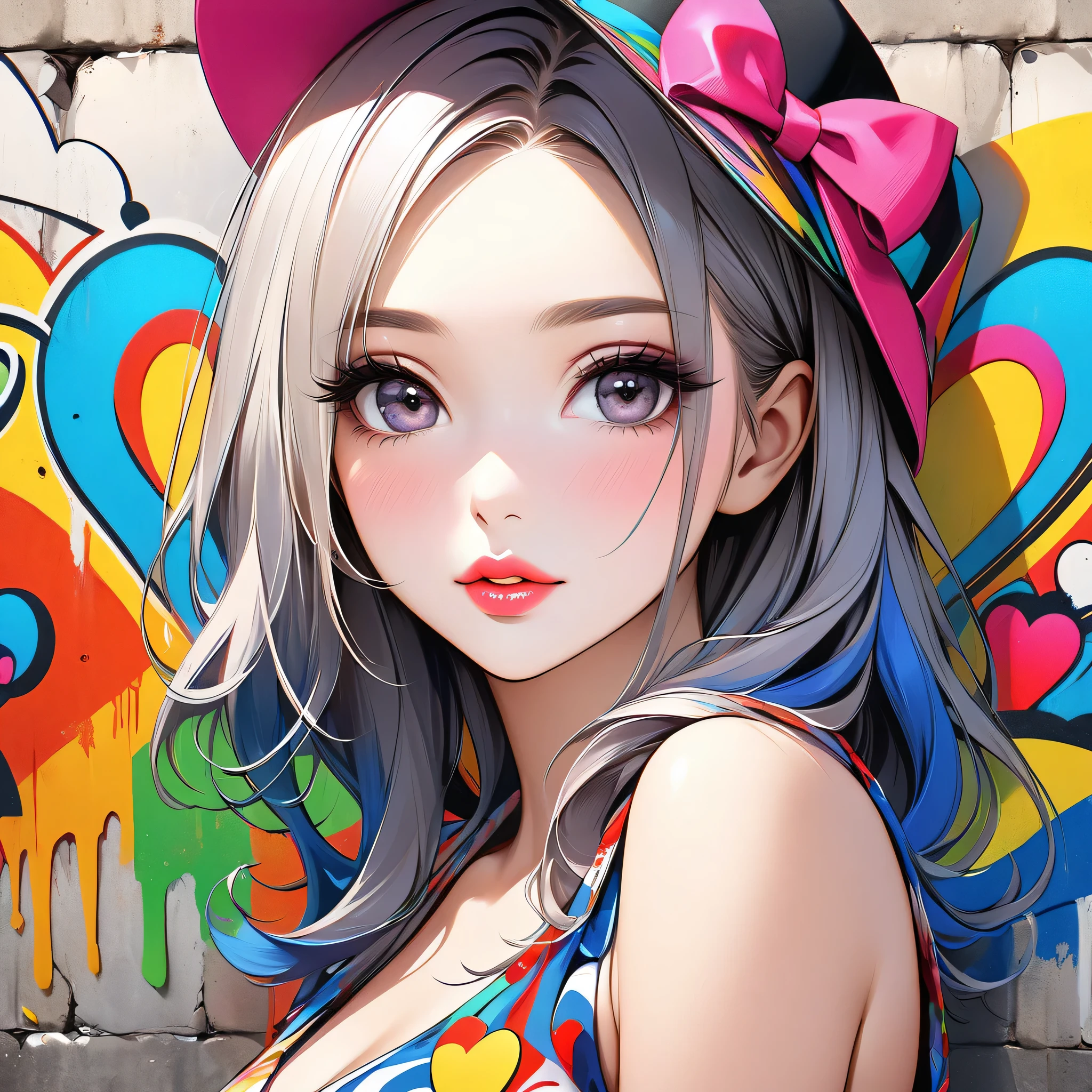 Ultra-realism Micho colorful style, Simple Line Initialism,Abstract art,(((The most beautiful girl of all time))), Sweet face. Lips in love, colorful hearts, stylish design, Summer beach fashion, Dark Eyes, Graffiti on the wall
