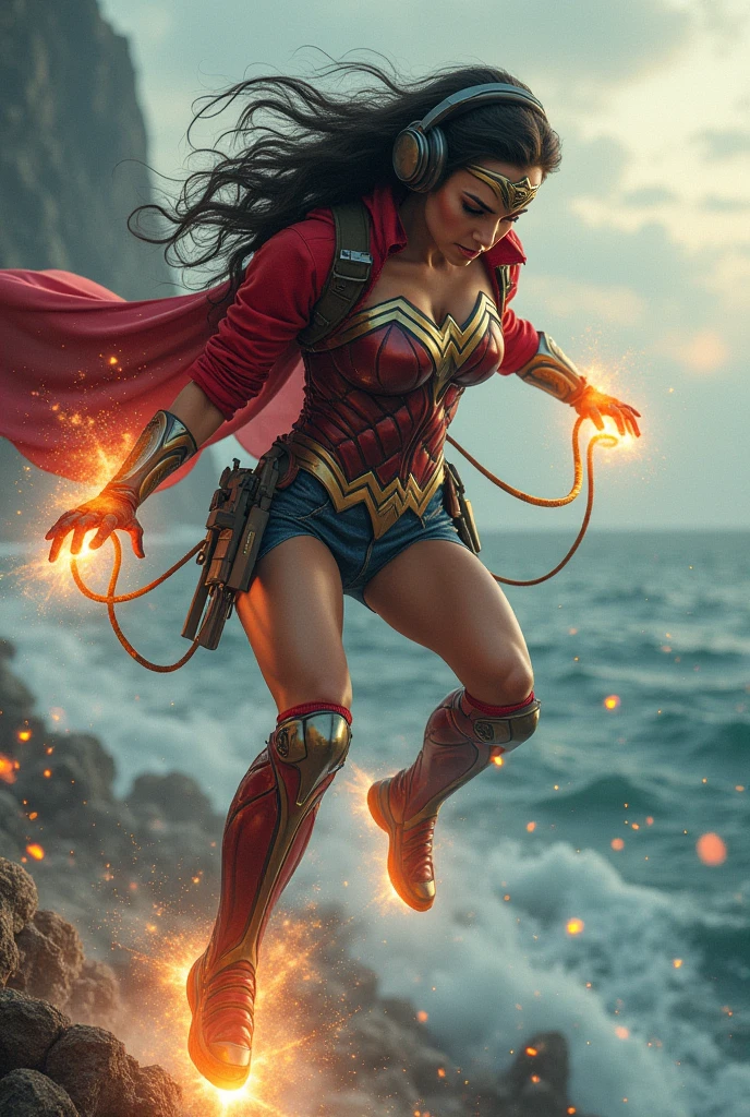 Wonder woman with red hoodie, Rocket boots, headphones, Laser guns, star-lord helmet, gas helmet, Covered mouth, Round, red eyes, big breasts, perfect body, Busty, realistic, power, Kick, Attack, magic rings in the hands, Fighting, power, fiction, full body, 2 persons, magic lasso, hight, fall, fire in boots, powerful spells, realistic, war, ocean, spells, Cayendo del cielo, sleep, hug