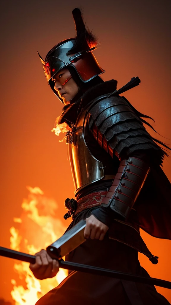 A dramatic and cinematic scene of a Japanese samurai wearing a traditional helmet and mask, standing on top of a castle, ready for battle. The samurai is holding a katana in an aggressive stance, prepared to fight. The background shows the castle rooftop with burning buildings and intense flames rising around. The atmosphere is tense, filled with the chaos of battle, with the samurai’s determined posture silhouetted against the fiery sky.”