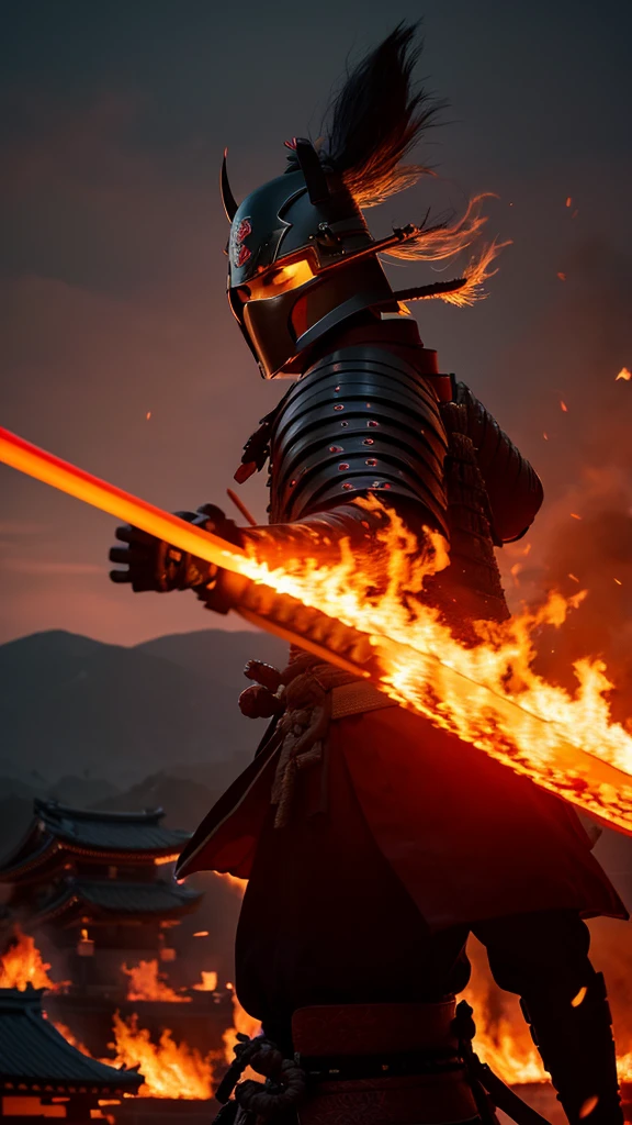 A dramatic and cinematic scene of a Japanese samurai wearing a traditional helmet and mask, standing on top of a castle, ready for battle. The samurai is holding a katana in an aggressive stance, prepared to fight. The background shows the castle rooftop with burning buildings and intense flames rising around. The atmosphere is tense, filled with the chaos of battle, with the samurai’s determined posture silhouetted against the fiery sky.”