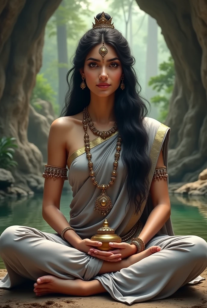 "Create an image of the beautiful Goddess Brahmacharini, depicted in a elegant and graceful grey saree and matching blouse, and beads ornaments and jewellery, symbolizing her ascetic and saint-like nature. The saree should be modest, with maximal decoration, reflecting her life of penance and devotion. Her complexion should be radiant, with a serene and peaceful expression on her face, embodying purity and determination. Her large, calm eyes should reflect deep wisdom and unwavering focus on spiritual goals, she has long beautiful and black flowing hair.

Goddess Brahmacharini should be depicted meditating in front of the idol shiva statue in the cave emphasizing her ascetic lifestyle and devotion. 

She has only two hands,
In her right hand, she carries a Jap Mala (prayer beads), 
In her left hand, she holds a Kamandal (small water pot).

The background should be a serene, natural landscape, perhaps with a inside cave and forest, highlighting her life of austerity and connection with nature. The overall image should capture the essence of Goddess Brahmacharini’s beauty, purity, and spiritual dedication, presented in a highly realistic and detailed manner, with her grey saree and saint-like outfit emphasizing her divine and ascetic nature."