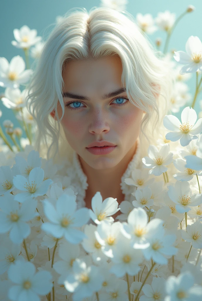 Create a male image , blue eyes ,Center parted wavy hair , Platinum blonde hair , There are white flowers all around like magic. , strong , gentle 