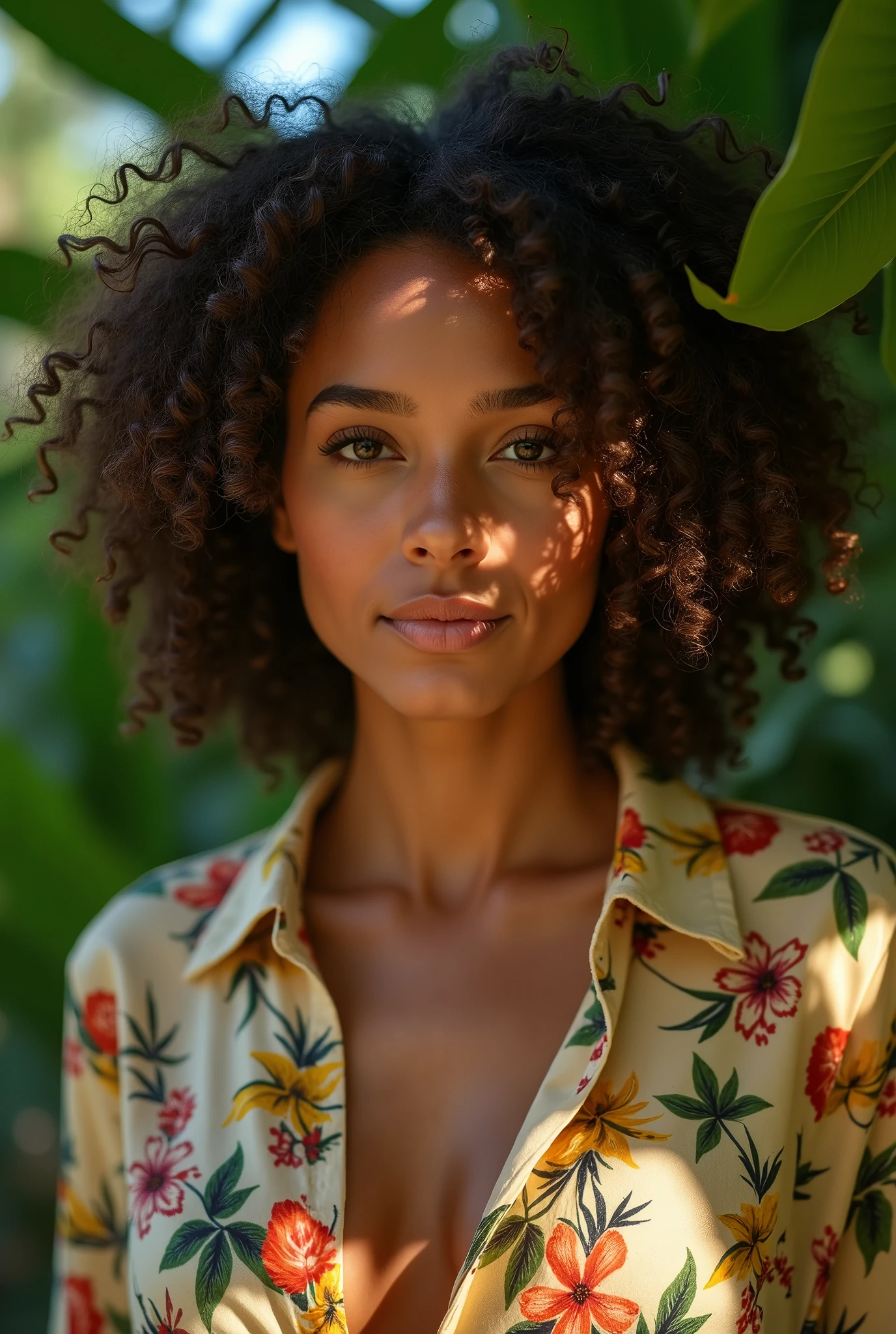A Brazilian woman in a lush tropical garden, wearing an open shirt with a floral print, with a close-up capturing the harmonious beauty between her breasts and the natural flowers, showing off your natural charm and outgoing personality.