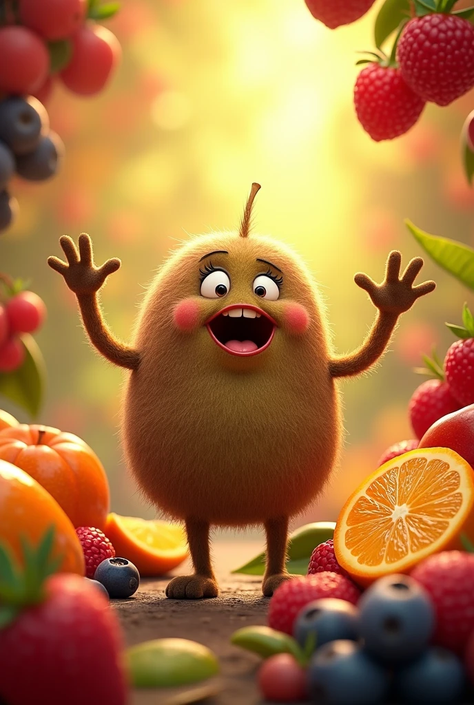 Commercial artwork, Brown skinned kiwi,Kiwi fruit with limbs sings and dances, Juicy fruit background