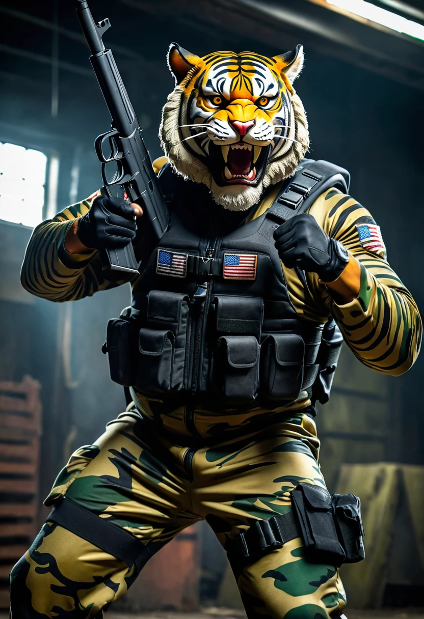 (a dark-skinned bearded fat muscular old man in a bulky army camouflage zipper diver suit) holding a gun, (wearing a small-sized realistic roaring tiger mask), dynamic action pose, fierce expression, showcasing an imposing stature, surrounded by military elements, dramatic shadows and intense highlights, cinematic color tones, high detail, powerful, art influenced by Bruce Onobrakpeya and Stanley Artgerm, ultra-detailed, best quality image, action-packed atmosphere. thumbs up pose