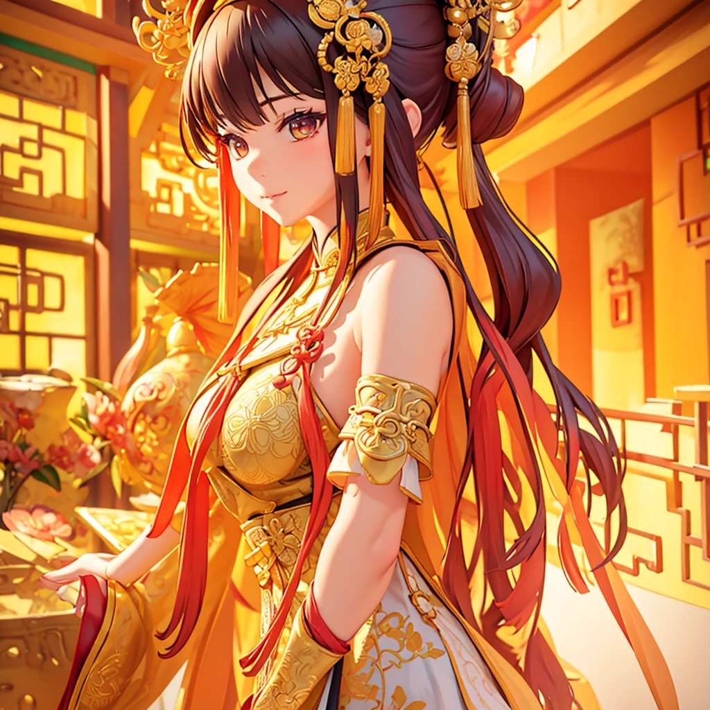 a beautiful young asian girl, 1, wearing a traditional servant costume in ancient chinese style, standing in a wuxia-inspired pose and looking directly at the camera, (best quality,4k,8k,highres,masterpiece:1.2),ultra-detailed,(realistic,photorealistic,photo-realistic:1.37),intricate detailed dress, delicate facial features, flawless skin, long eyelashes, penetrating gaze, ornate hair accessories, ancient chinese architecture in the background, warm lighting, vivid colors