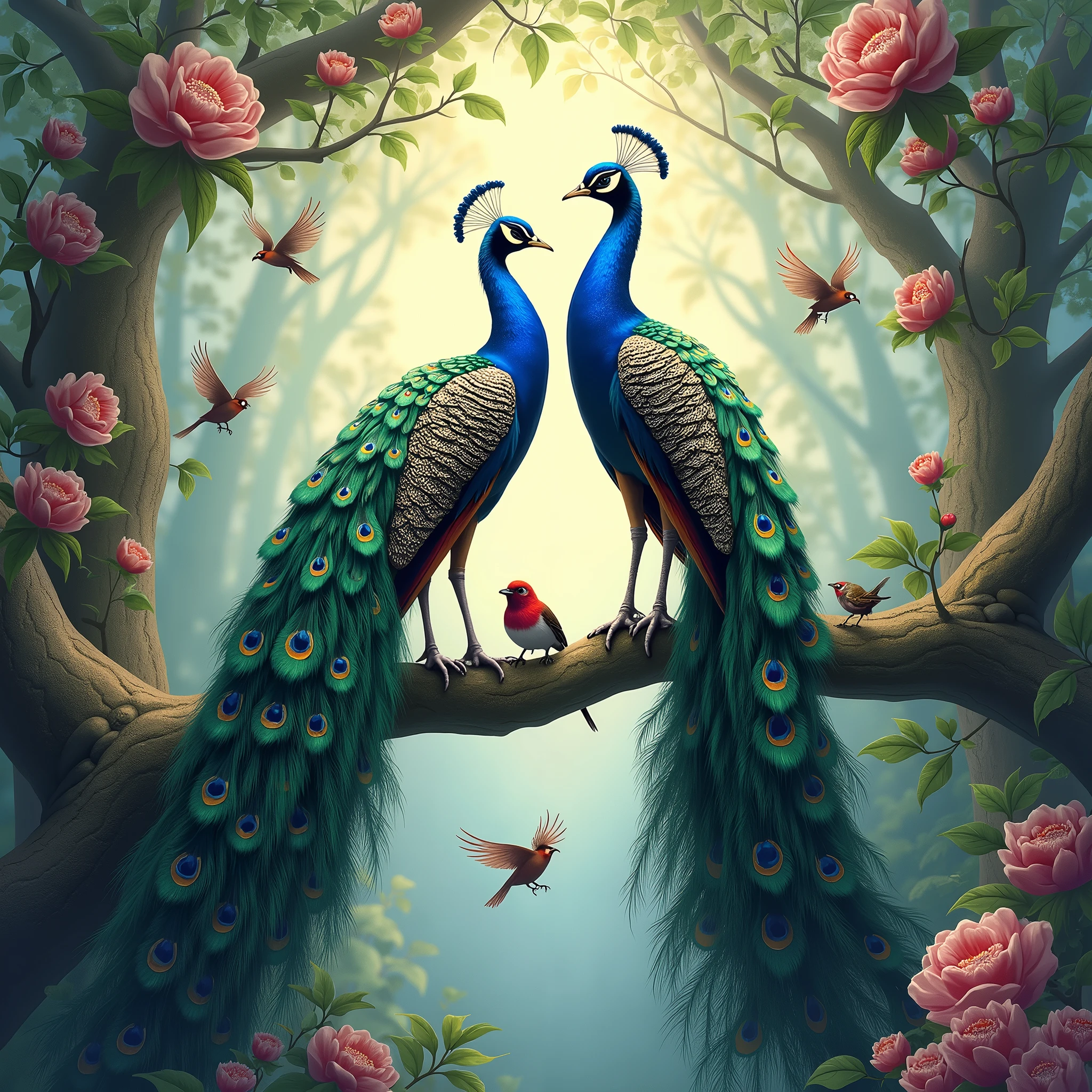 two peacocks sitting on a branch with flowers and birds, beautiful art uhd 4 k, beautiful nature, colorful hd picure, detailed painting 4 k, detailed beautiful animals, mystical birds, painting of beautiful, beautiful gorgeous digital art, beautiful digital art, beautiful digital artwork, 8k high quality detailed art, 4 k highly detailed art, 4k highly detailed digital art