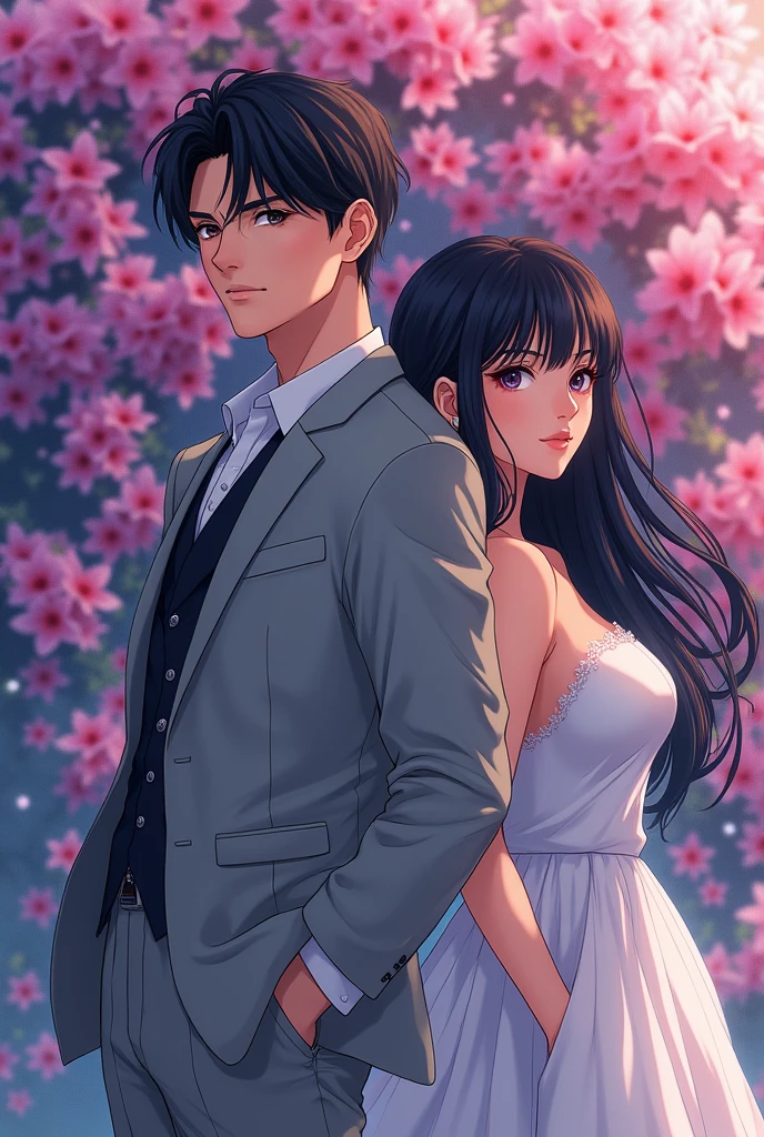 Cool, handsome and young anime guy with his hands in his pockets. He is wearing white a light grey suit. He has a big chest and strong arms. He is tall and masculine. A gorgeous girl with dark hair. They stand back to back. Behind them is a beautiful wall of bougainvillea 