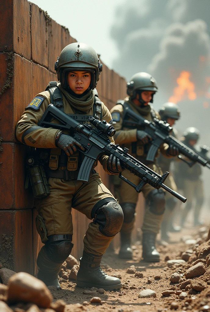 Create a highly realistic visual depiction of a group of cadet corps unit during their first military operation in a futuristic dieselpunk setting with a realistic military theme. The cadets, dressed in rugged, industrial-style combat armor with visible mechanical augmentations and tactical gear, are shown under pressure, with expressions of nervousness and adrenaline rush visible on their faces. The scene captures the rugged, war-torn landscape with trenches, fortified bunkers, and industrial debris. The cadets are taking cover behind rusted metal barriers, gripping advanced, retro-futuristic weapons that combine heavy-caliber firearms and energy-based technology. Smoke, fire, and debris fill the background, contributing to the chaotic and intense atmosphere. The art style emphasizes gritty realism, focusing on the practical design of the military gear and the raw emotions of the young soldiers as they face combat for the first time.