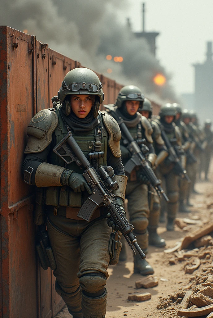 Create a highly realistic visual depiction of a group of cadet corps unit during their first military operation in a futuristic dieselpunk setting with a realistic military theme. The cadets, dressed in rugged, industrial-style combat armor with visible mechanical augmentations and tactical gear, are shown under pressure, with expressions of nervousness and adrenaline rush visible on their faces. The scene captures the rugged, war-torn landscape with trenches, fortified bunkers, and industrial debris. The cadets are taking cover behind rusted metal barriers, gripping advanced, retro-futuristic weapons that combine heavy-caliber firearms and energy-based technology. Smoke, fire, and debris fill the background, contributing to the chaotic and intense atmosphere. The art style emphasizes gritty realism, focusing on the practical design of the military gear and the raw emotions of the young soldiers as they face combat for the first time.