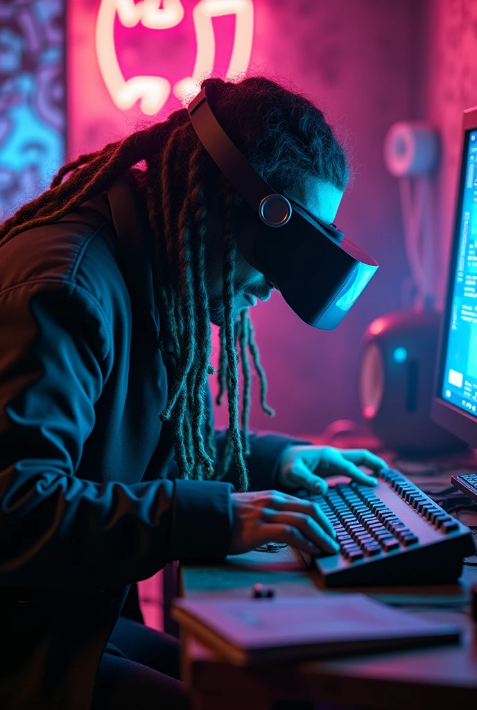 Old-school hacker with long dreadlocks and a VR headset, hunched over a vintage-looking keyboard connected to a modern holographic interface, in a room filled with neon lights and digital graffiti.