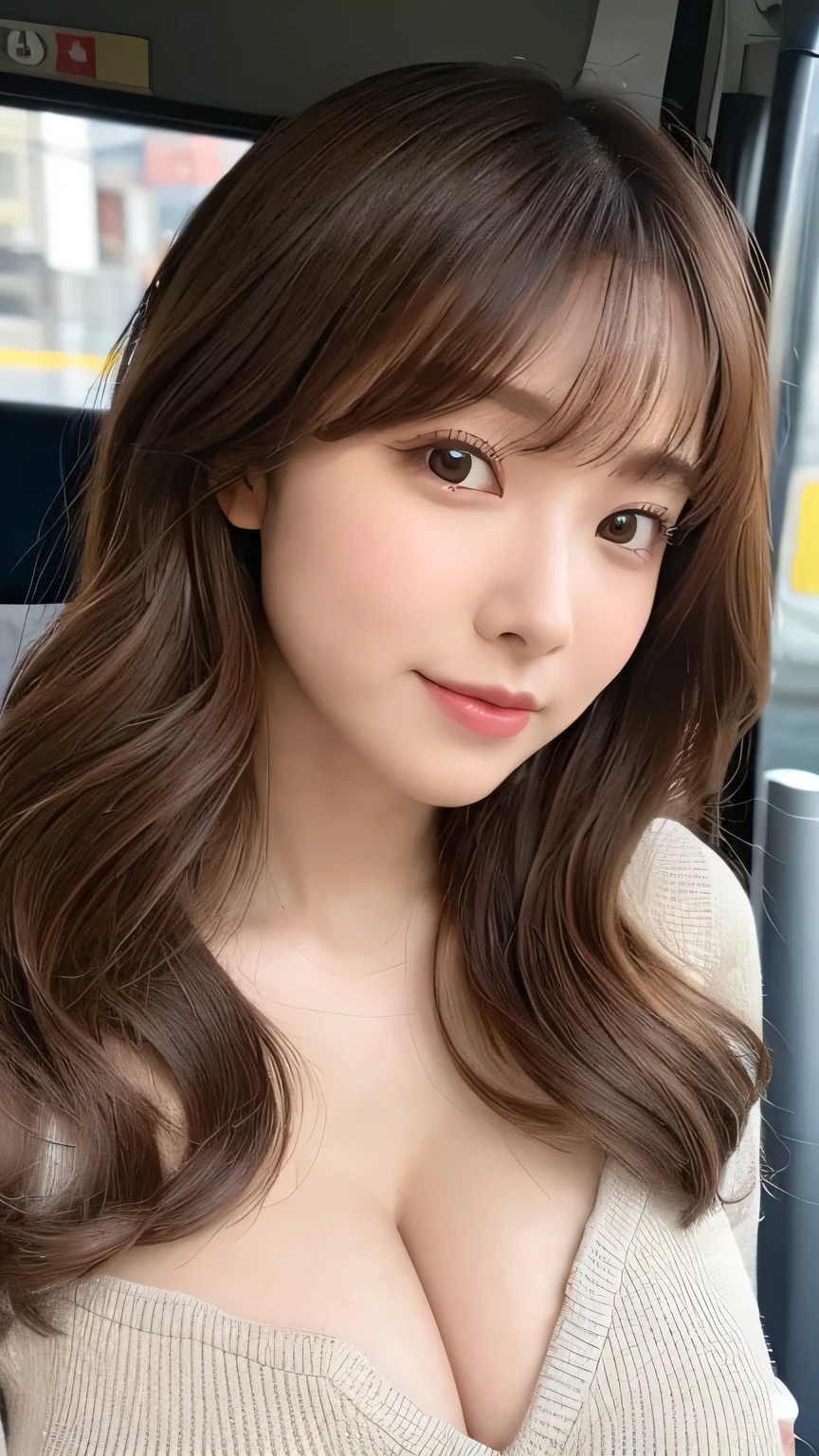 Realistic:1.2,masterpiece,Highest quality，98k,((One Woman)),20-year-old,Japanese women、Tight waist,Perfect Anatomy, Brown Hair, Wavy Hair,Random Hairstyles,Big beautiful breasts,((Fully detailed face and eyes:1.2))((Cute Face:1.2))，Random Pause，smile、Bus Guide、Cleavage、mini skirt、Blue Uniform、Full Body Shot,Natural Face、delicate、In detail