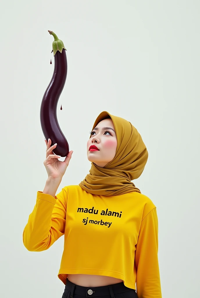 Beautiful Korean woman wearing a hijab, wearing a yellow crop top with the words "Madu Alami SJ MORBEY", right hand holding a long eggplant, at the end of the eggplant there are drops of condensed milk, left hand looking up, white begron
