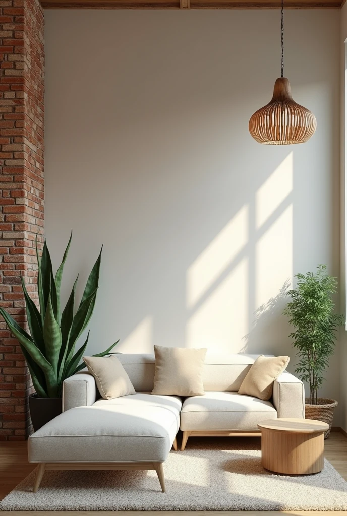 Create a spacious living room with exposed bricks on one side and and other side is pale color and one type of aloe plant and another any type plant and an eye catching ceiling light not luxurious but creative and the living room as well