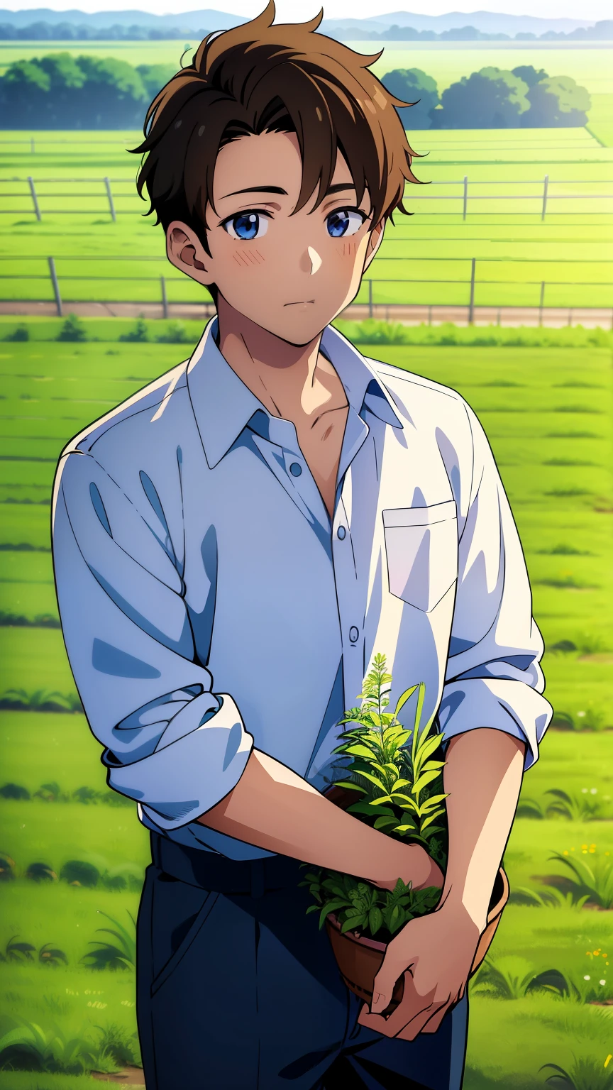 Highres, Masterpiece, Best quality at best,Best Quality,hight quality, hight detailed, Anime style, boy who is working in agriculture, a young farmer boy, round slightly oval face, was in the cow pen, cuddle, pretty face, Shota, young boy, 15-years-old, handsome, whole body
