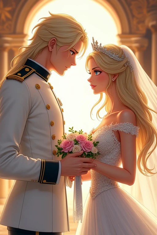 I would like to get an anime-style image of the couple: A tall, handsome, statuesque, masculine adult man is a platinum blonde with long straight silver platinum hair below his shoulders, dressed in formal long military white clothes, he has tanned skin, blue eyes, he puts a ring on the finger of an incredibly beautiful young femme fatale blonde with long golden hair gathered in a beautiful hairstyle, blue eyes, a tiara, precious jewelry in her hair, jewelry, in a luxurious wedding dress, in her hand she has a bouquet of the bride. Beautiful drawing, realistic anime, a masterpiece.