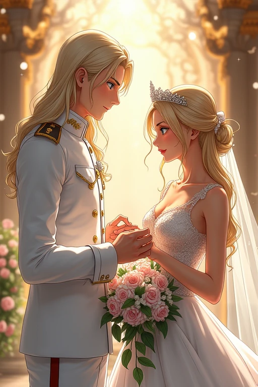 I would like to get an anime-style image of the couple: A tall, handsome, statuesque, masculine adult man is a platinum blonde with long straight silver platinum hair below his shoulders, dressed in formal long military white clothes, he has tanned skin, blue eyes, he puts a ring on the finger of an incredibly beautiful young femme fatale blonde with long golden hair gathered in a beautiful hairstyle, blue eyes, a tiara, precious jewelry in her hair, jewelry, in a luxurious wedding dress, in her hand she has a bouquet of the bride. Beautiful drawing, realistic anime, a masterpiece.