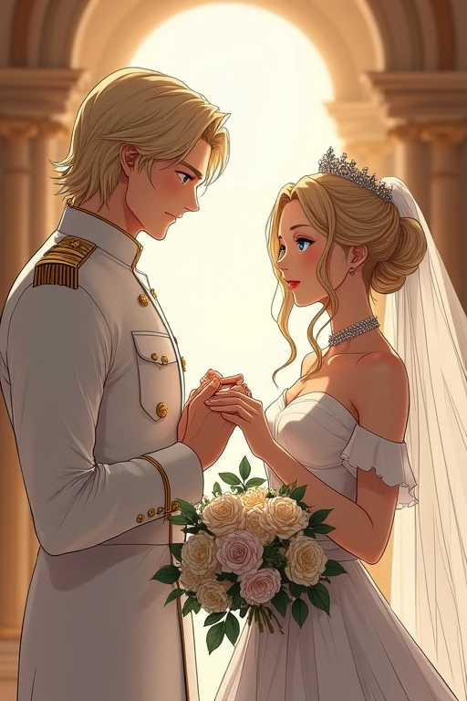 I would like to get an anime-style image of the couple: A tall, handsome, statuesque, masculine adult man is a platinum blonde with long straight silver platinum hair below his shoulders, dressed in formal long military white clothes, he has tanned skin, blue eyes, he puts a ring on the finger of an incredibly beautiful young femme fatale blonde with long golden hair gathered in a beautiful hairstyle, blue eyes, a tiara, precious jewelry in her hair, jewelry, in a luxurious wedding dress, in her hand she has a bouquet of the bride. Beautiful drawing, realistic anime, a masterpiece.