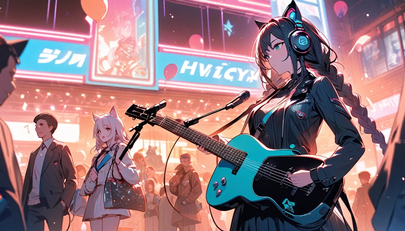 Beautiful 1, single, girl with braids, hair with glowing wires Wears a half hat, headphones, cat ears, mixed with sci-fi and neon tones. In the background is a robot with neon lights. The background image is a large robot, clearly visible. ,on stage, playing guitar　Holiday shopping at a large department store, with people browsing, balloons, and salespeople.
